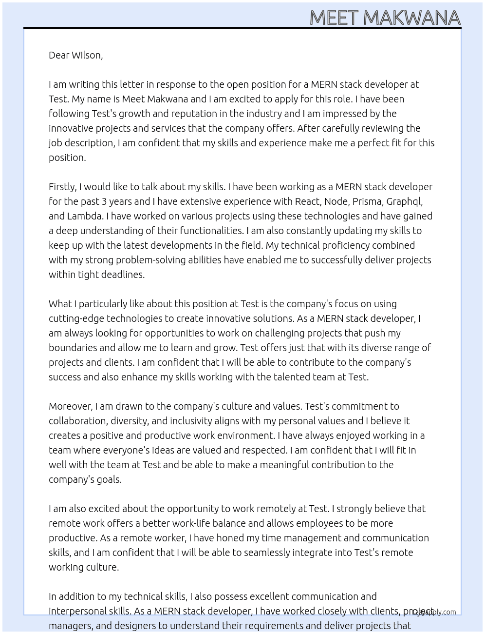 MERN stack developer At Test Cover Letter