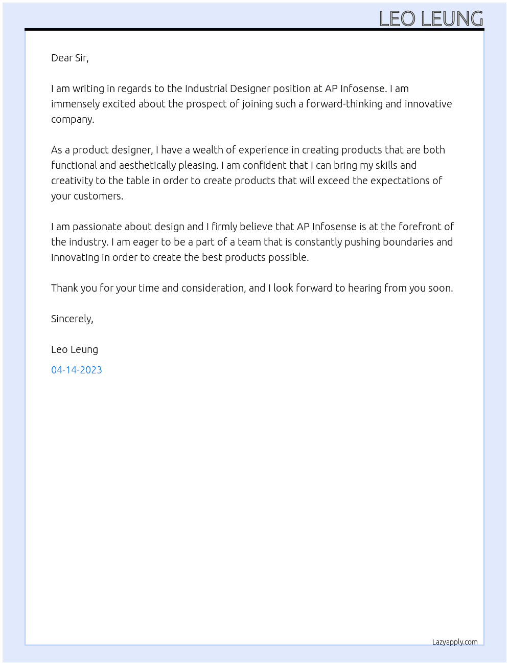 Industrial Designer At AP Infosense Cover Letter