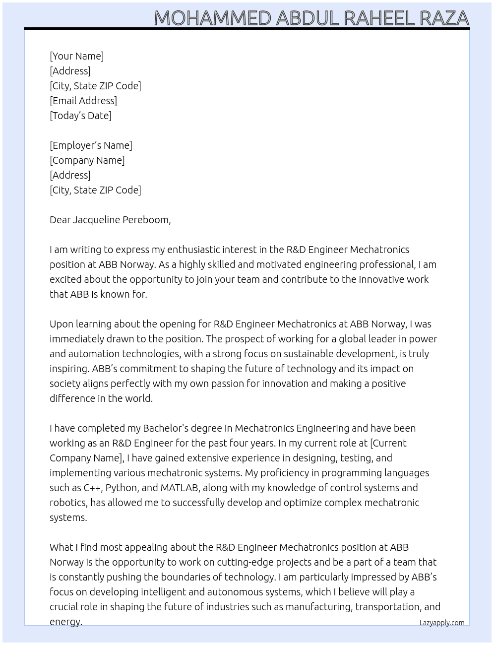 R&D Engineer Mechatronics At ABB Norway Cover Letter
