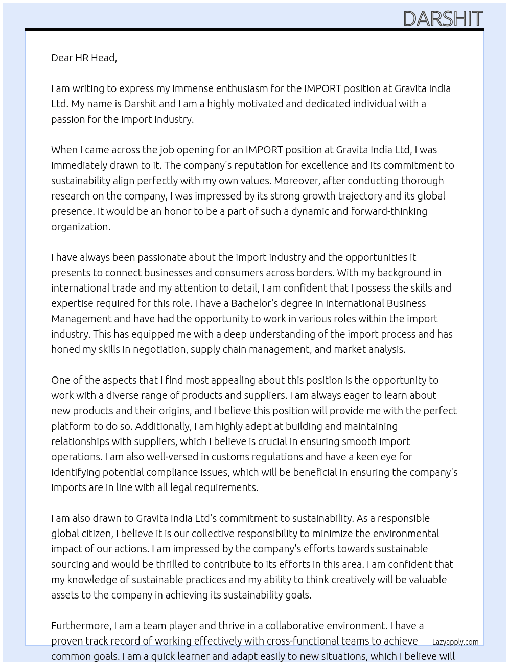 IMPORT At GRAVITA INDIA LTD Cover Letter