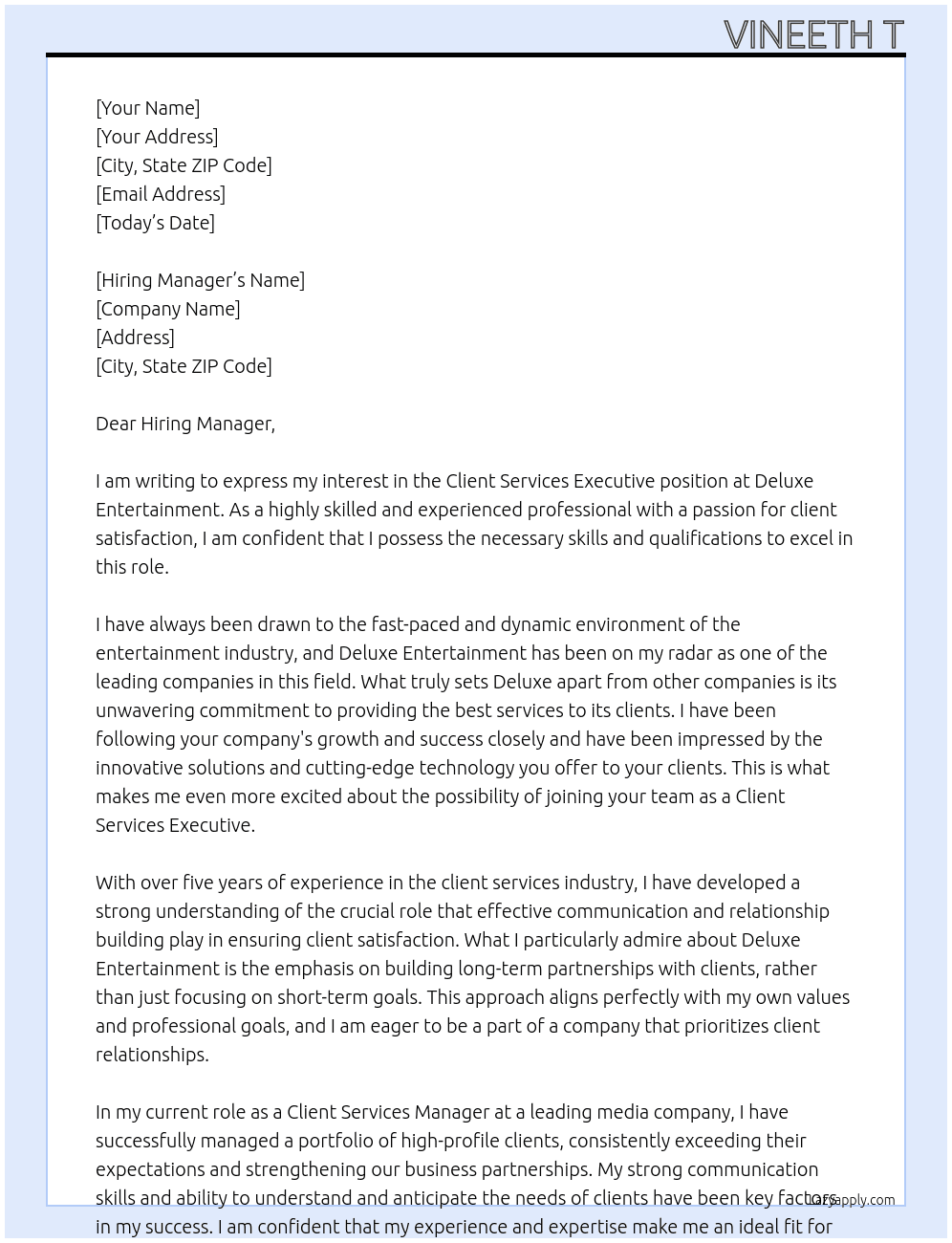 Client Services Executive At Deluxe Entertainment Cover Letter
