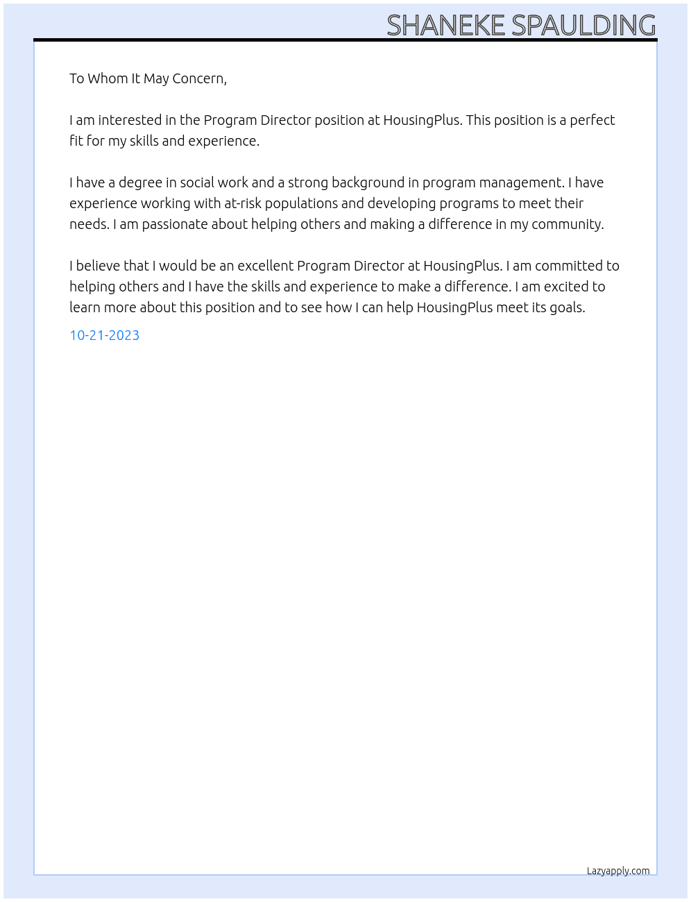 Program Director At HousingPlus Cover Letter