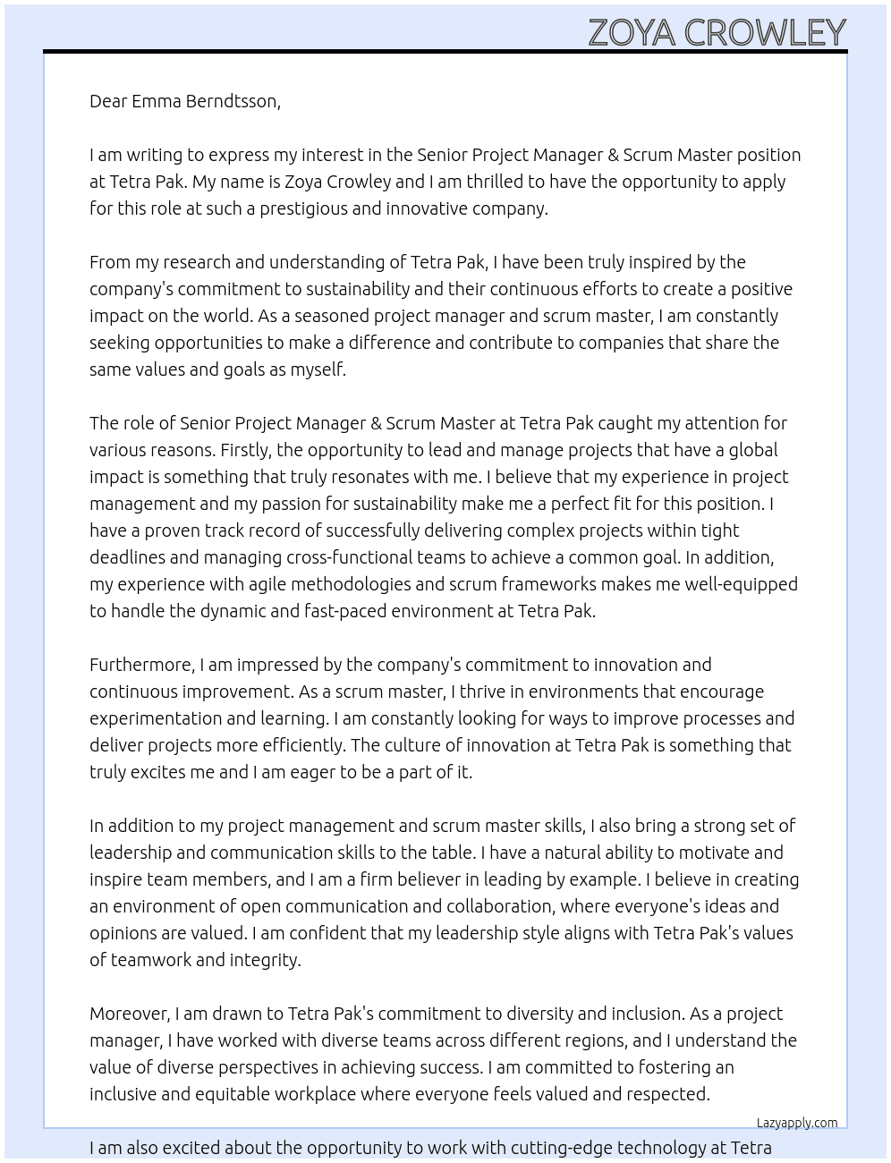 Senior Project Manager & Scrum Master At Tetra Pak Cover Letter