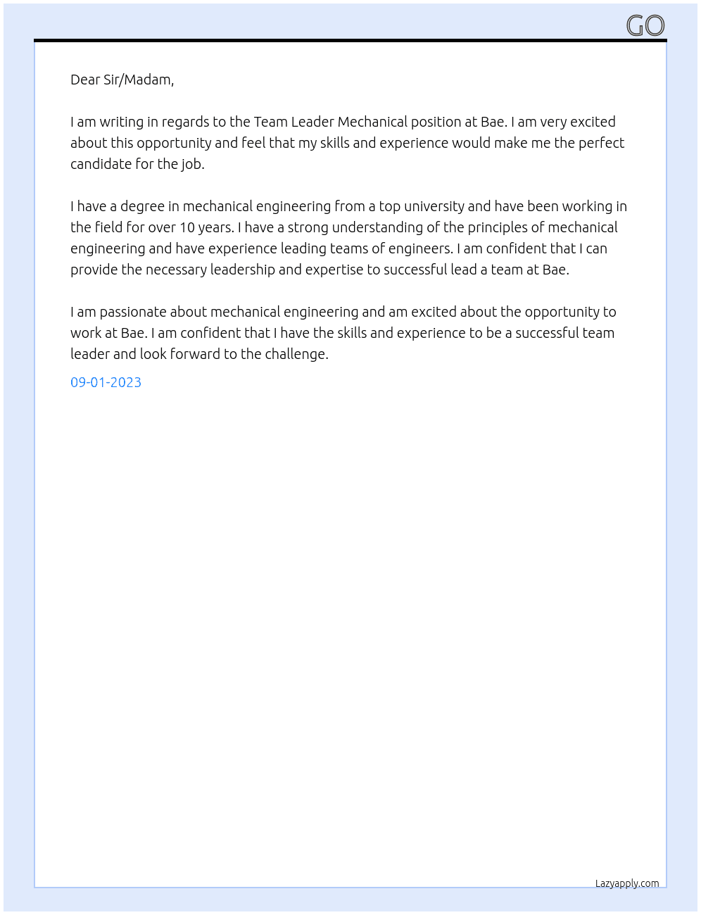 Team Leader Mechanical At Bae Cover Letter