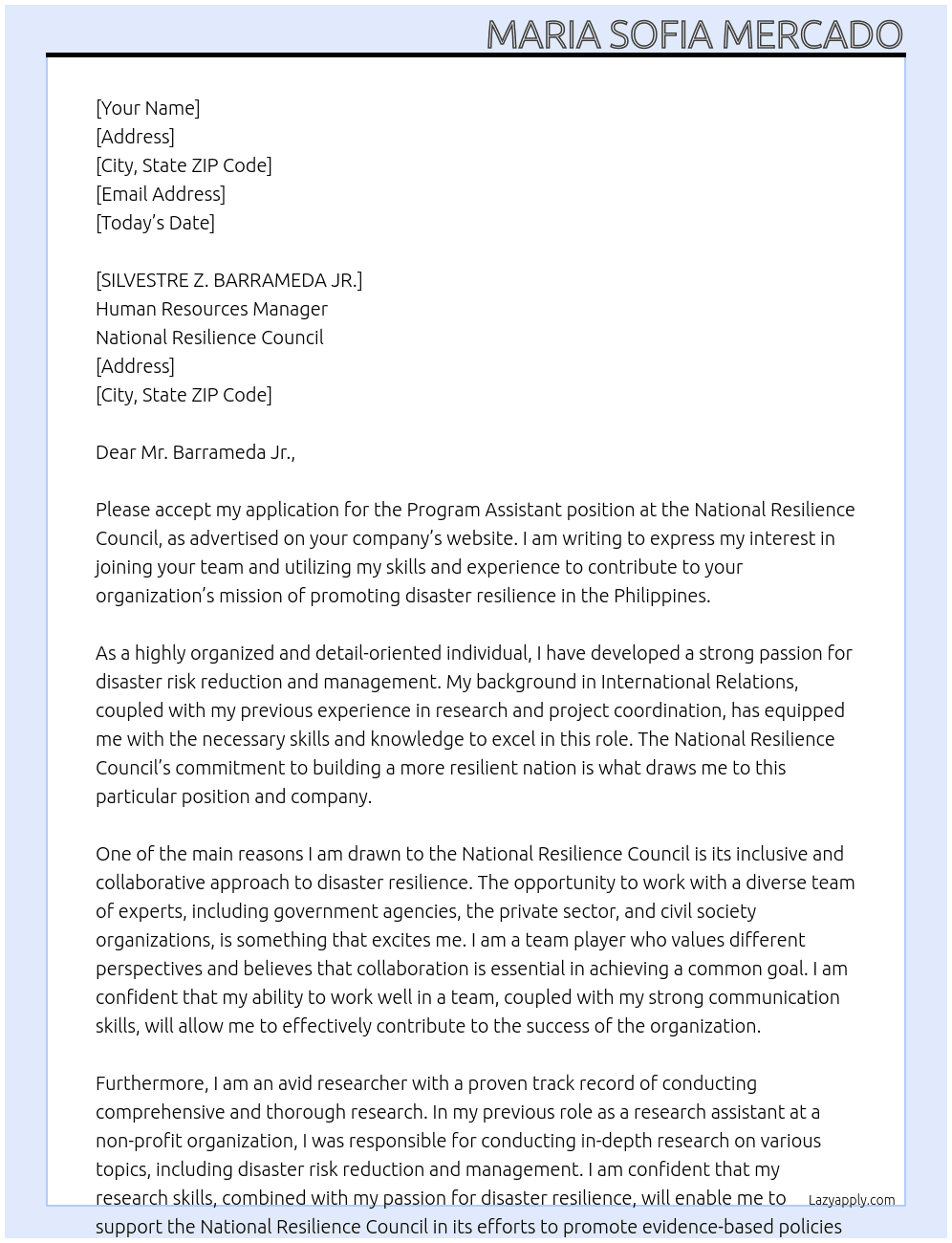 Program Assistant At National Resilience Council  Cover Letter