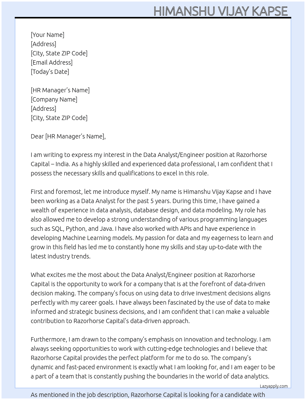 Data Analyst/Engineer At Razorhorse Capital - India Cover Letter