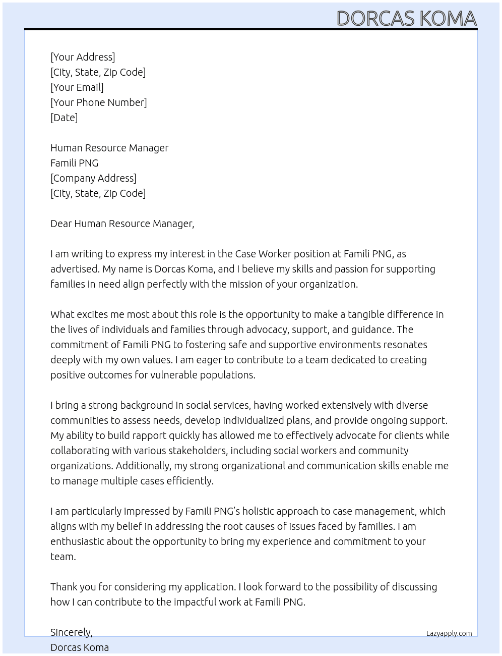 Case Worker  At Famili PNG  Cover Letter