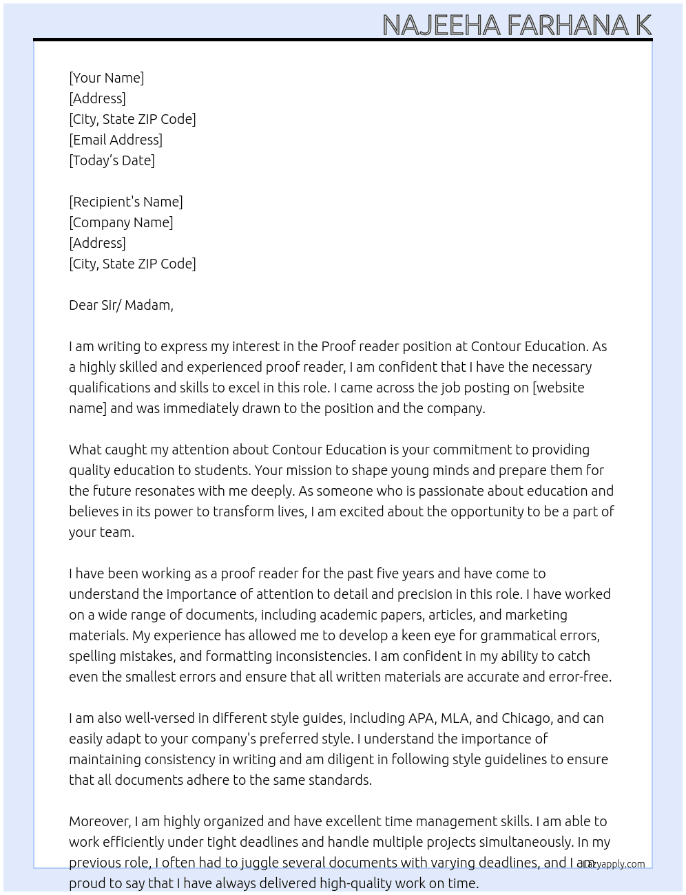 Proof reader At Contour education  Cover Letter