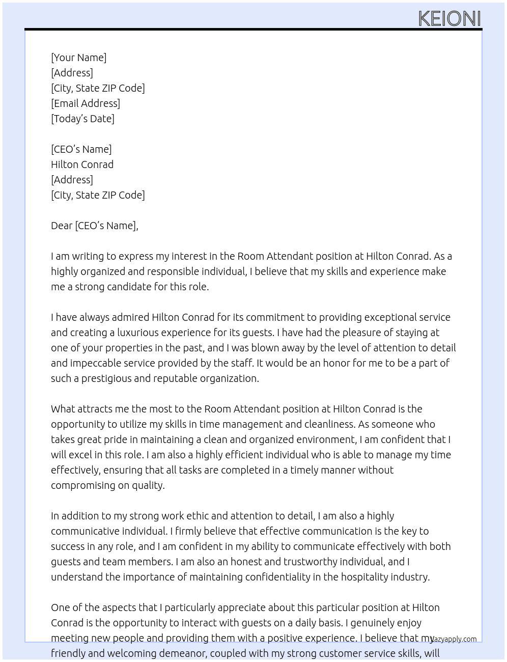 room attendant At Hilton Conrad Cover Letter