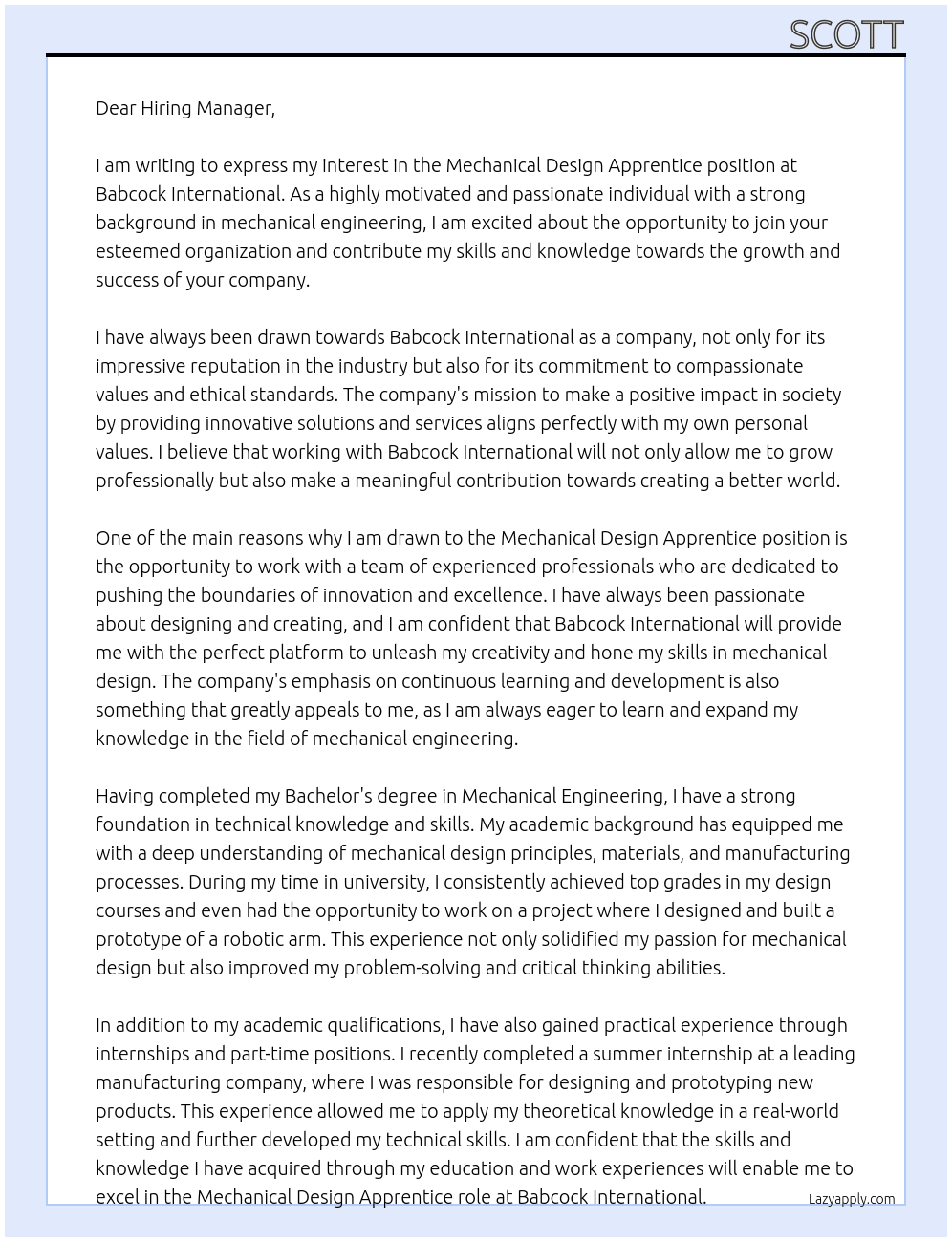 Mechanical Design Apprentice At Babcock International Cover Letter