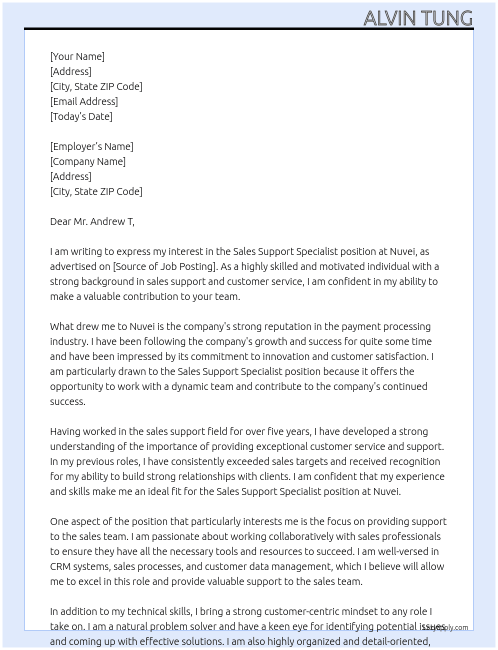 Sales Support Specialist At Nuvei Cover Letter