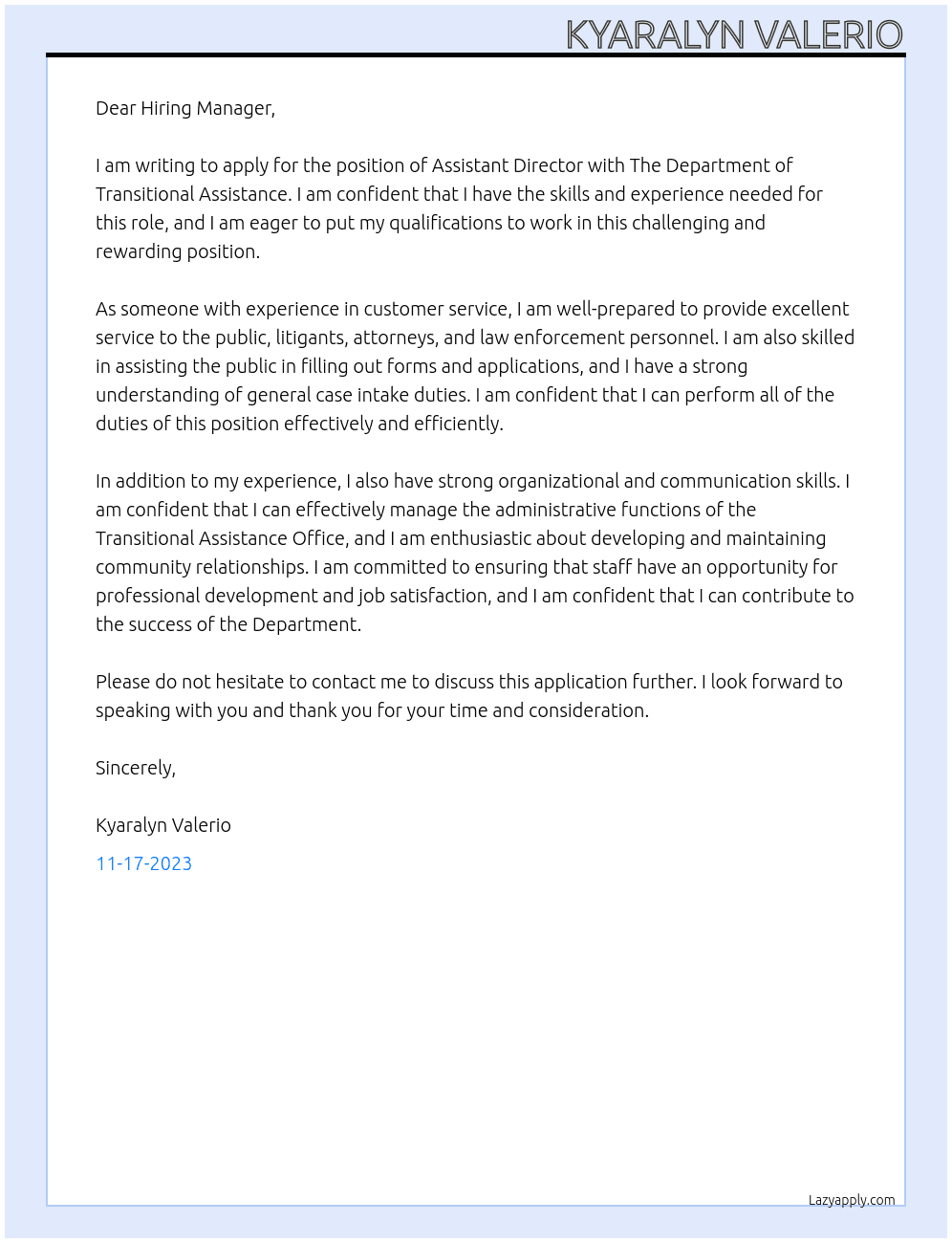 Assistant Director At   The Department of Transitional Assistance Cover Letter