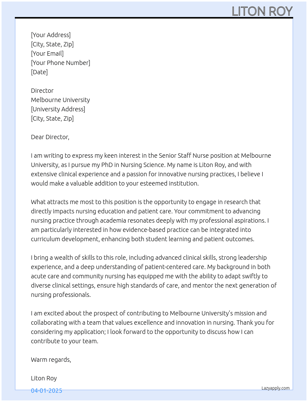 Senior staff nurse  At PhD in Nursing science study  Cover Letter