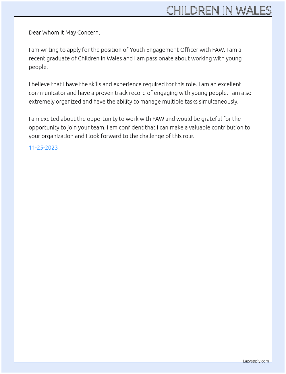 Youth Engagement Officer At FAW Cover Letter