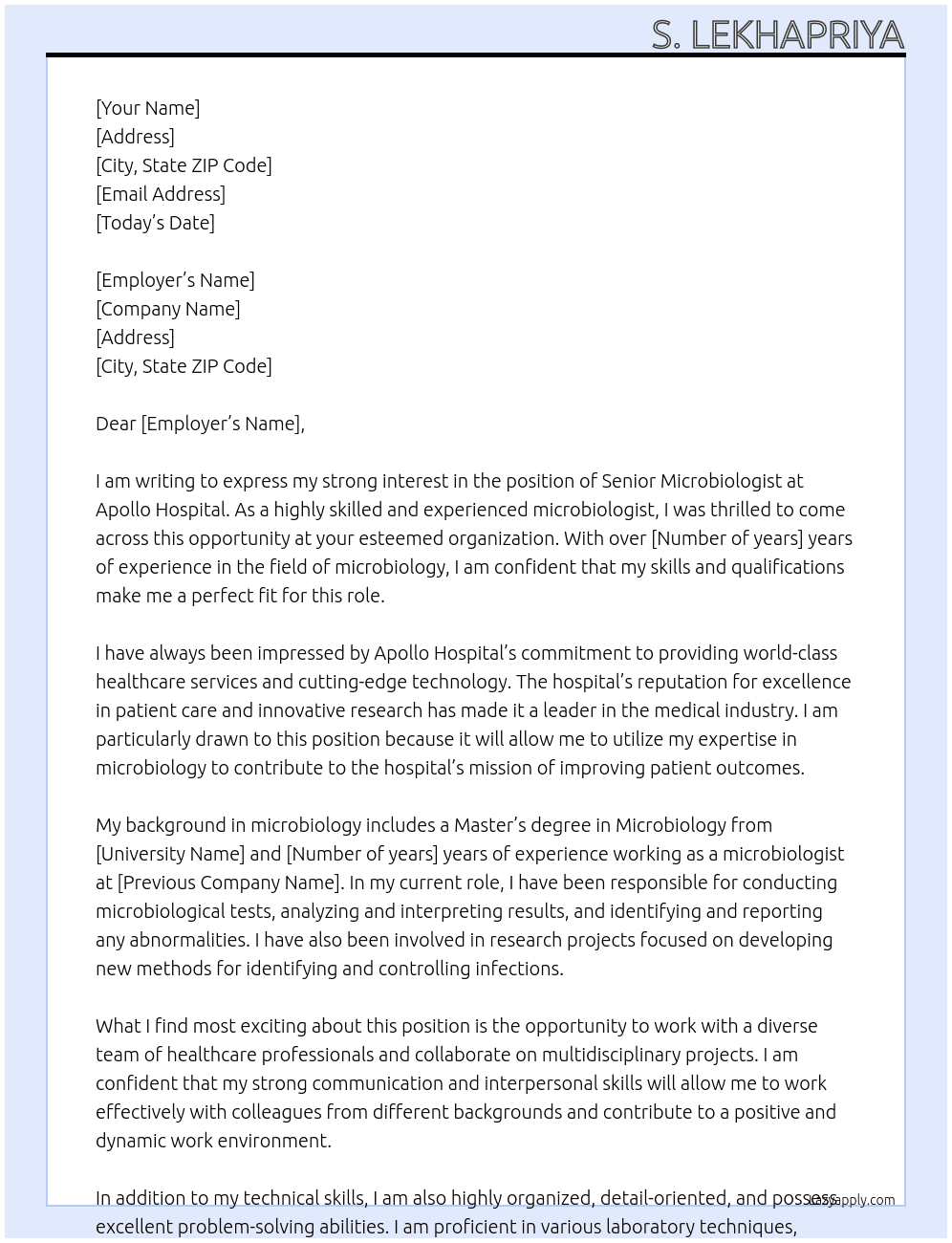 Microbiologist At Apollo Hospital Cover Letter