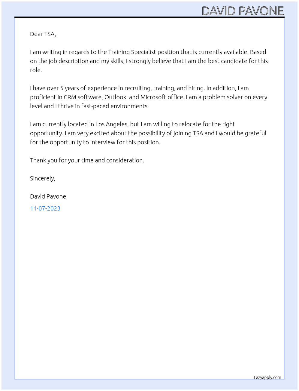 Training Specialist At TSA Cover Letter