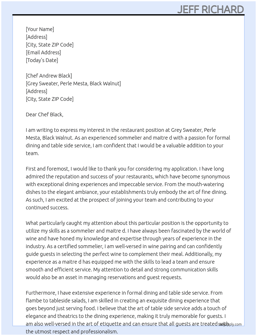 restaurant position At grey sweater, perle mesta, black walnut Cover Letter
