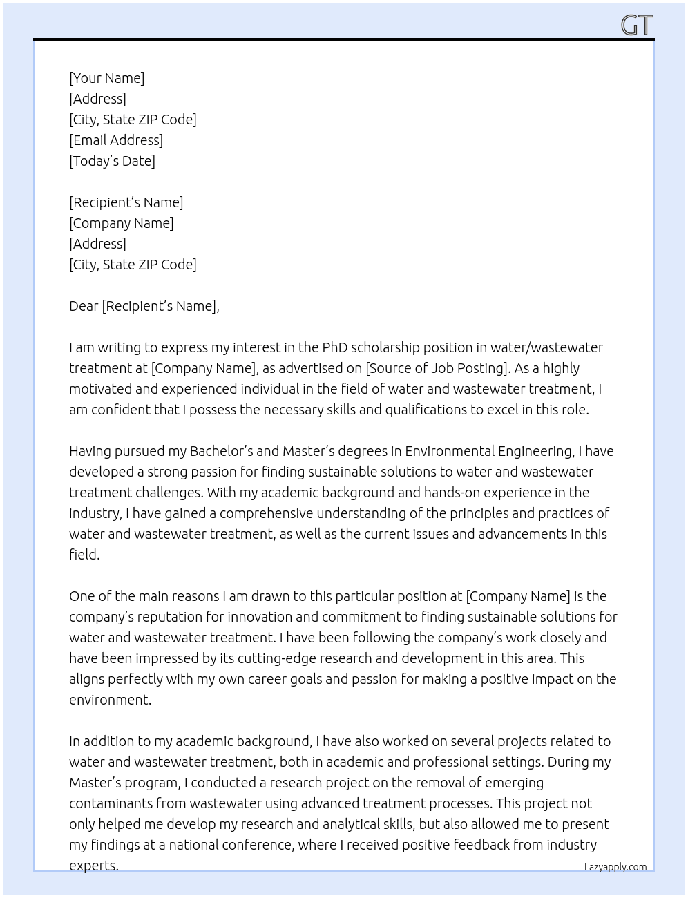 PhD  application in water/wastewater treatment At PhD scholarship Cover Letter