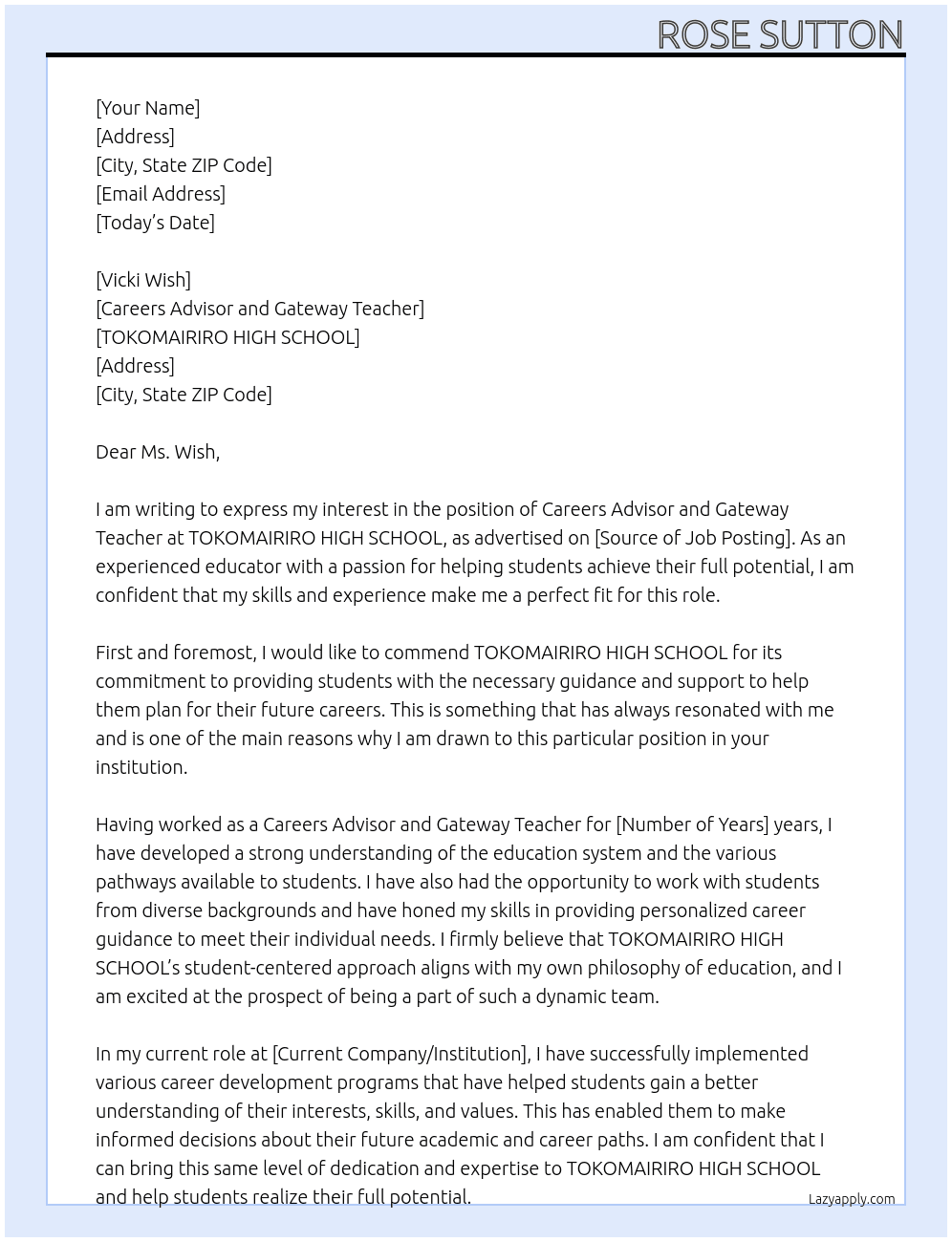 Careers advisor and Gateway teacher At TOKOMAIRIRO HIGH SCHOOL Cover Letter