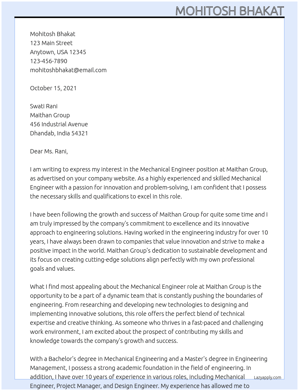 Mechanical Engineer At Maithan Group Cover Letter