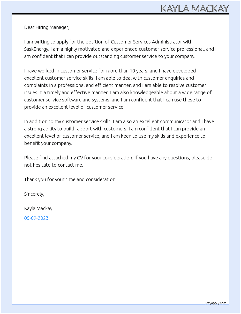 Customer Services Administrator At SaskEnergy Cover Letter