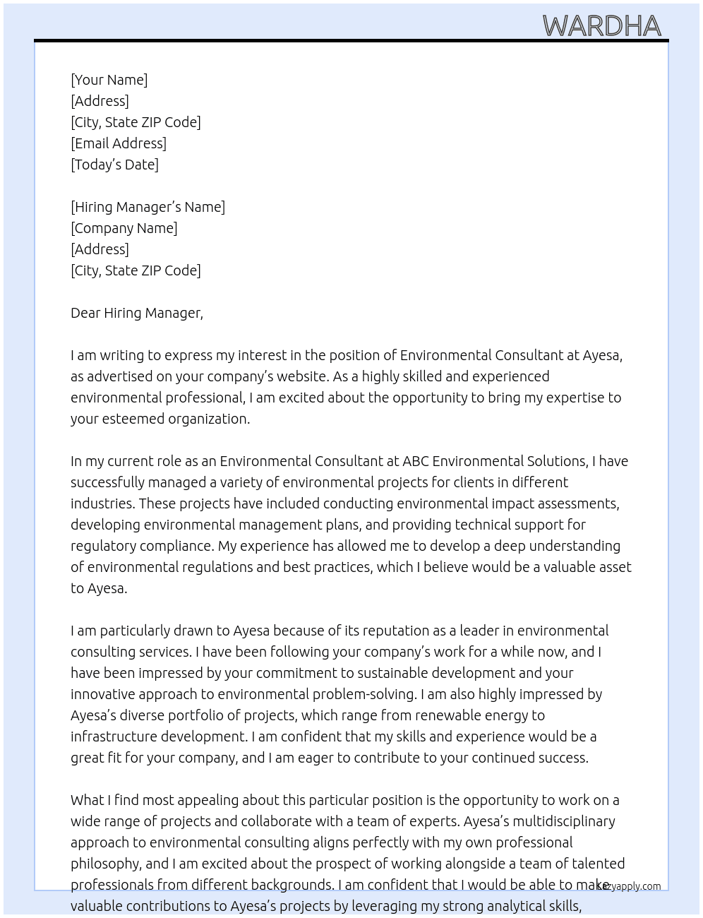 Environmental consultant  At Ayesa Cover Letter