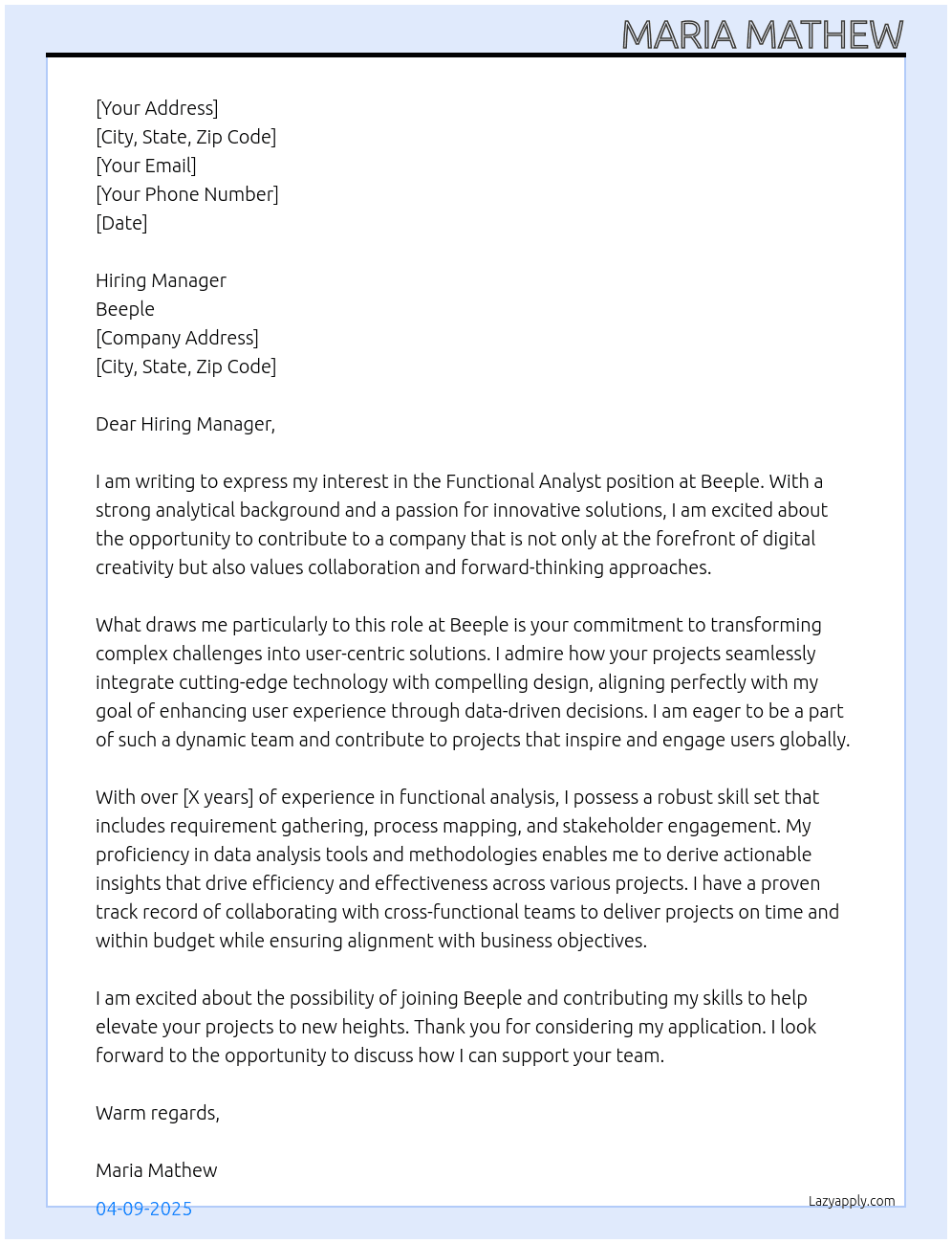 Functional Analyst At Beeple Cover Letter