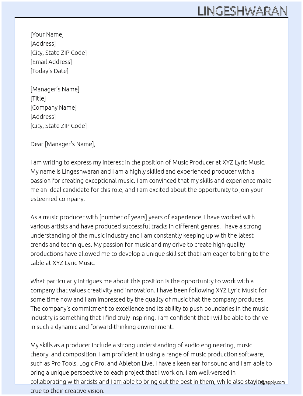 Music producer At XYZ Lyric Music Cover Letter