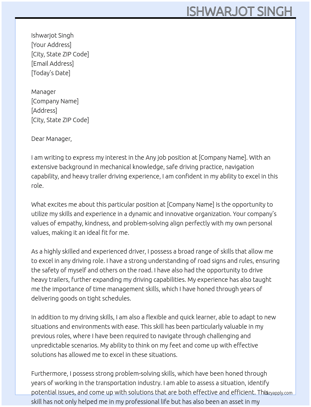 Any job At Any Cover Letter