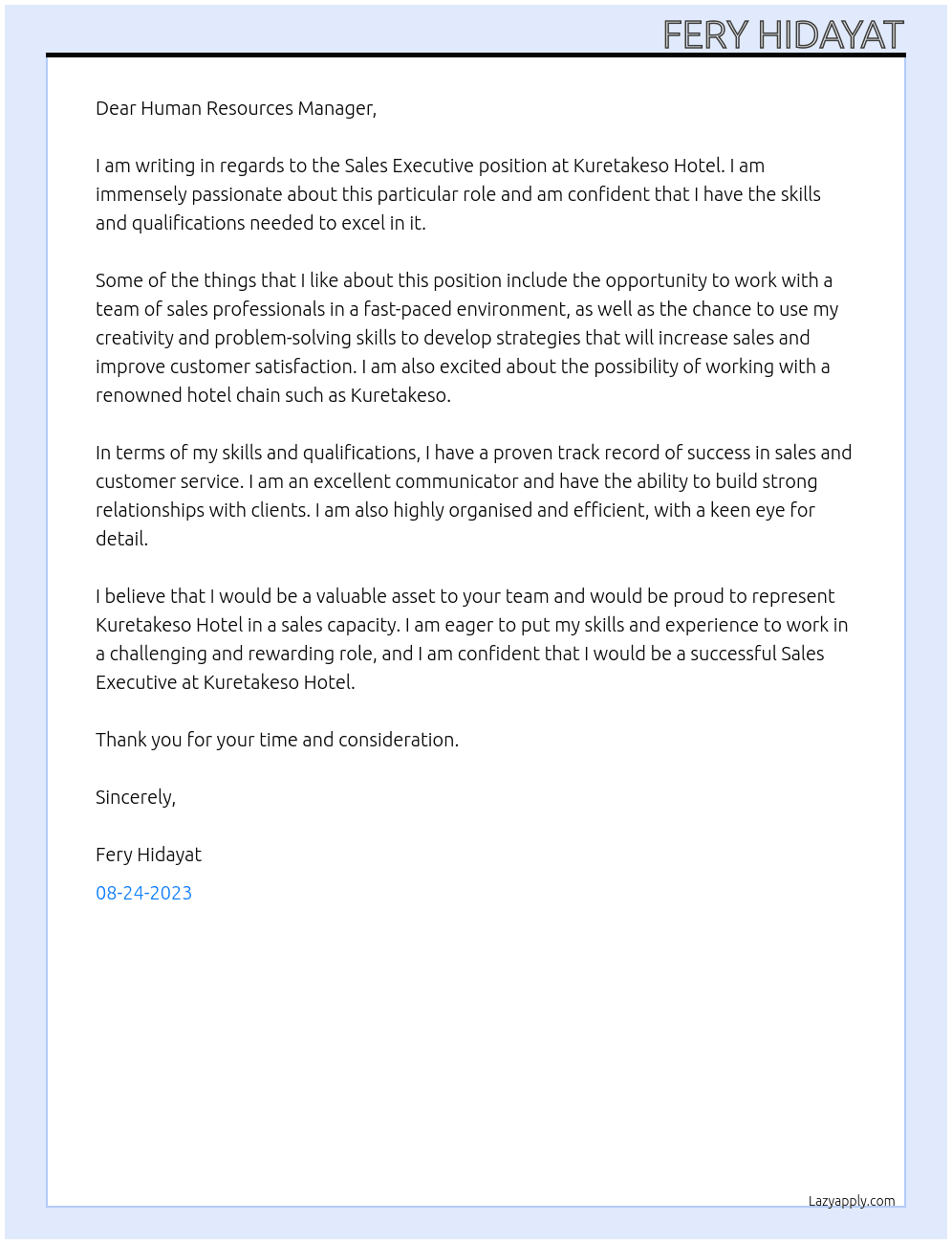 Sales Executive At Kuretakeso Hotel Cover Letter