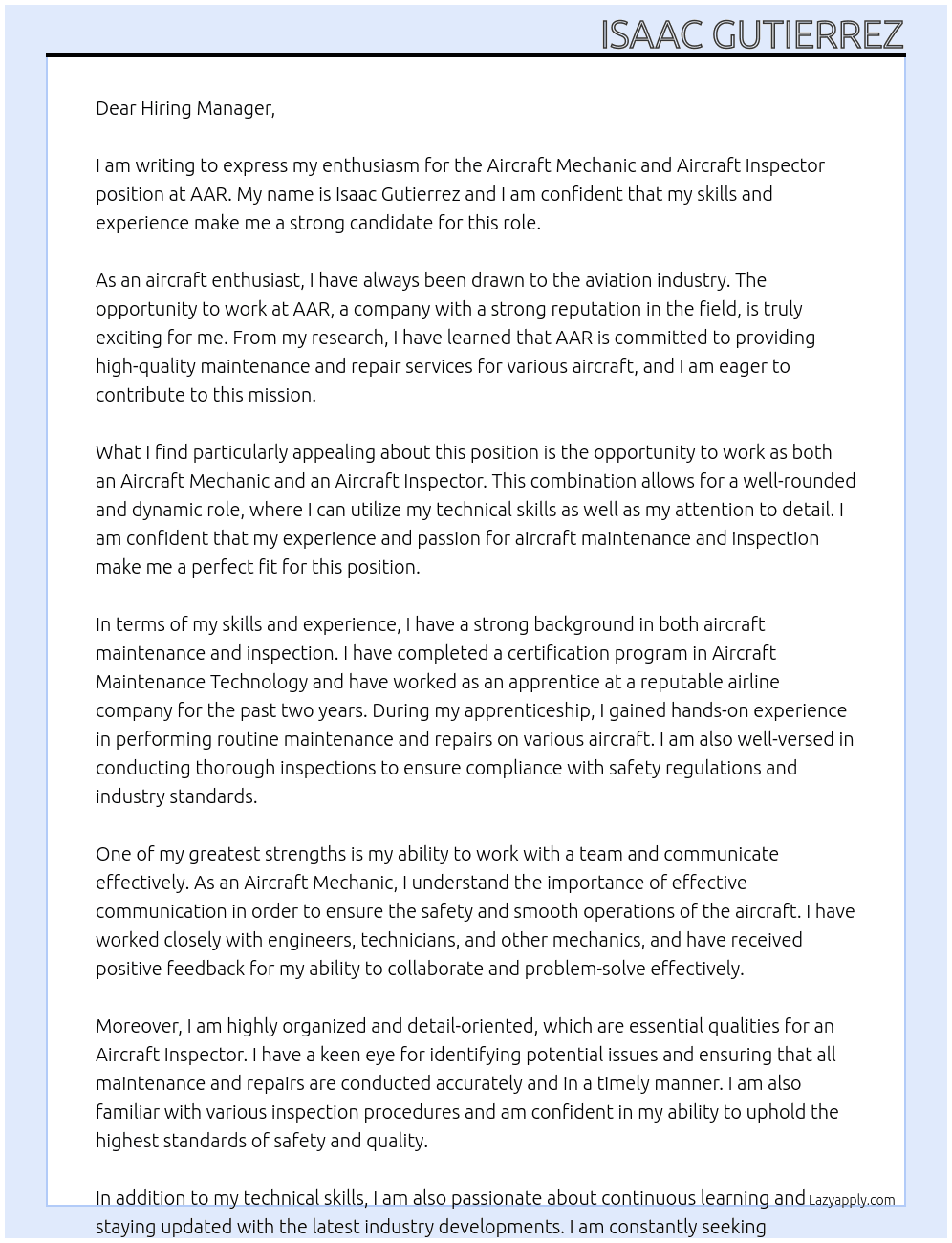 Aircraft Mechanic and Aircraft Inspector At AAR Cover Letter