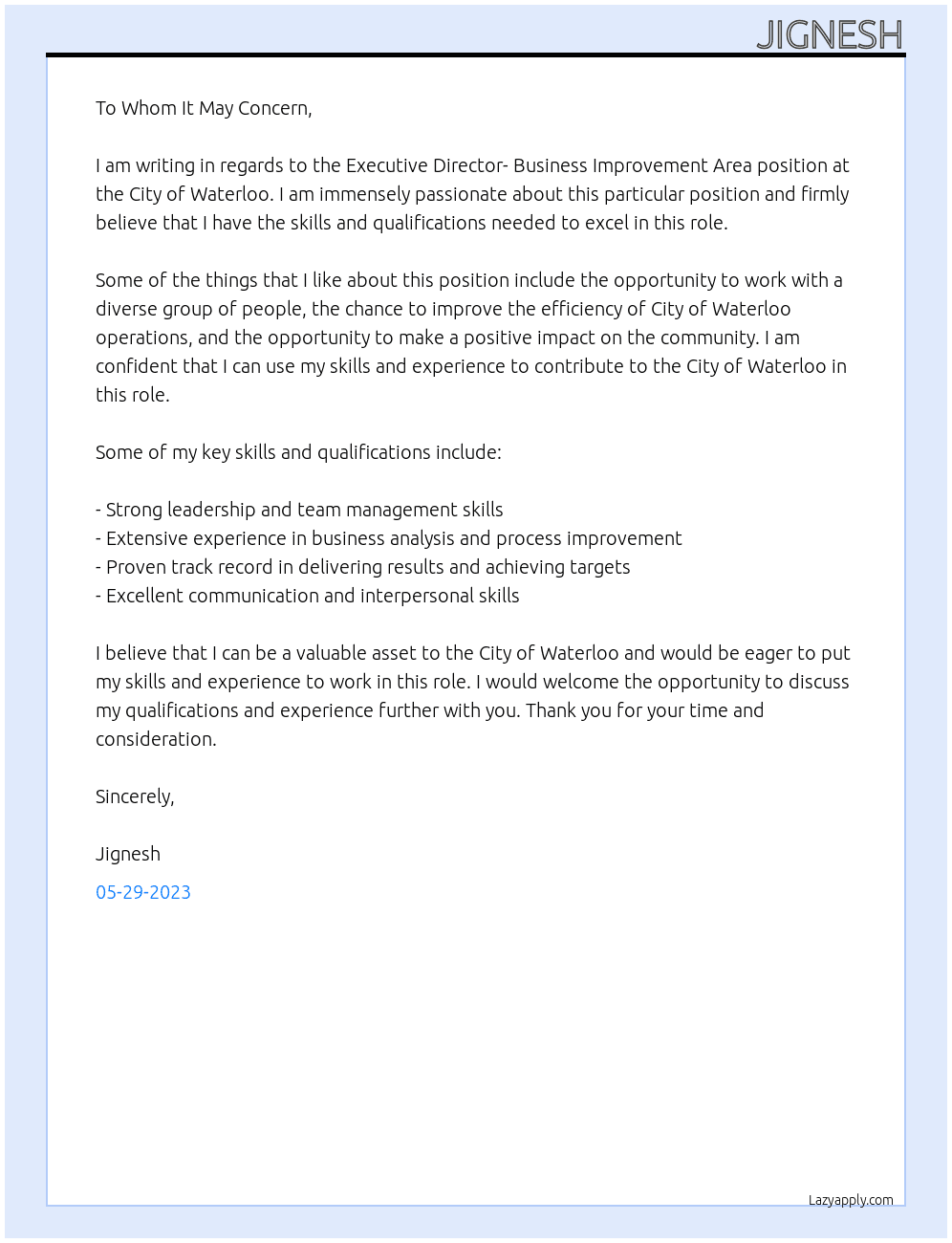 Executive Director- Business Improvement Area At City of Waterloo Cover Letter