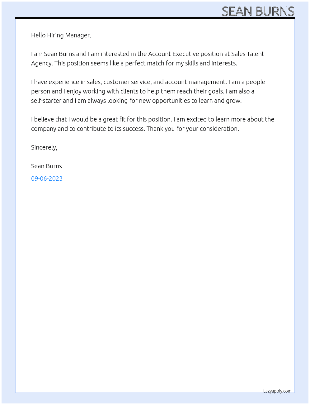 Account Executive At Sales Talent Agency Cover Letter