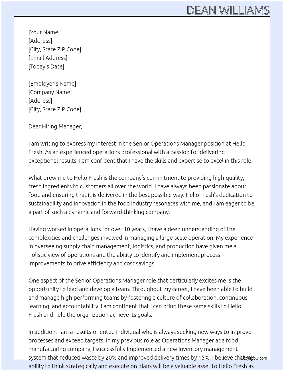 Senior Operations Manager At Hello Fresh Cover Letter