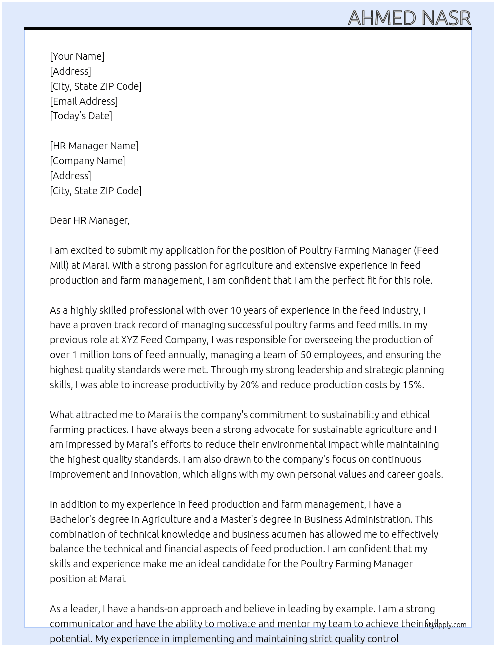 Poultry Farming Manager (Feed Mill ) At Marai Cover Letter