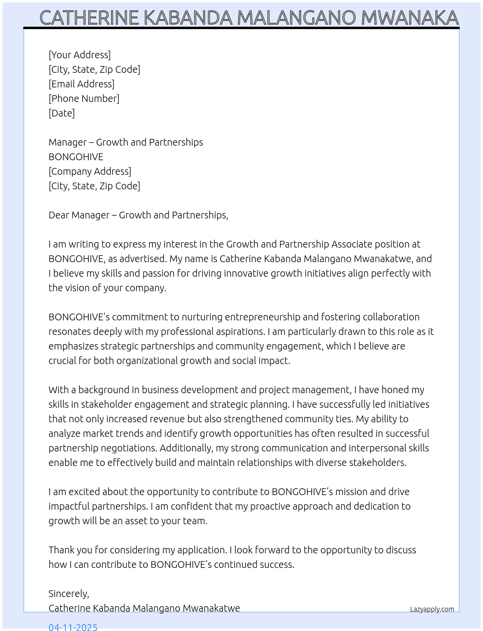 Growth and Partnership Associate At BONGOHIVE Cover Letter