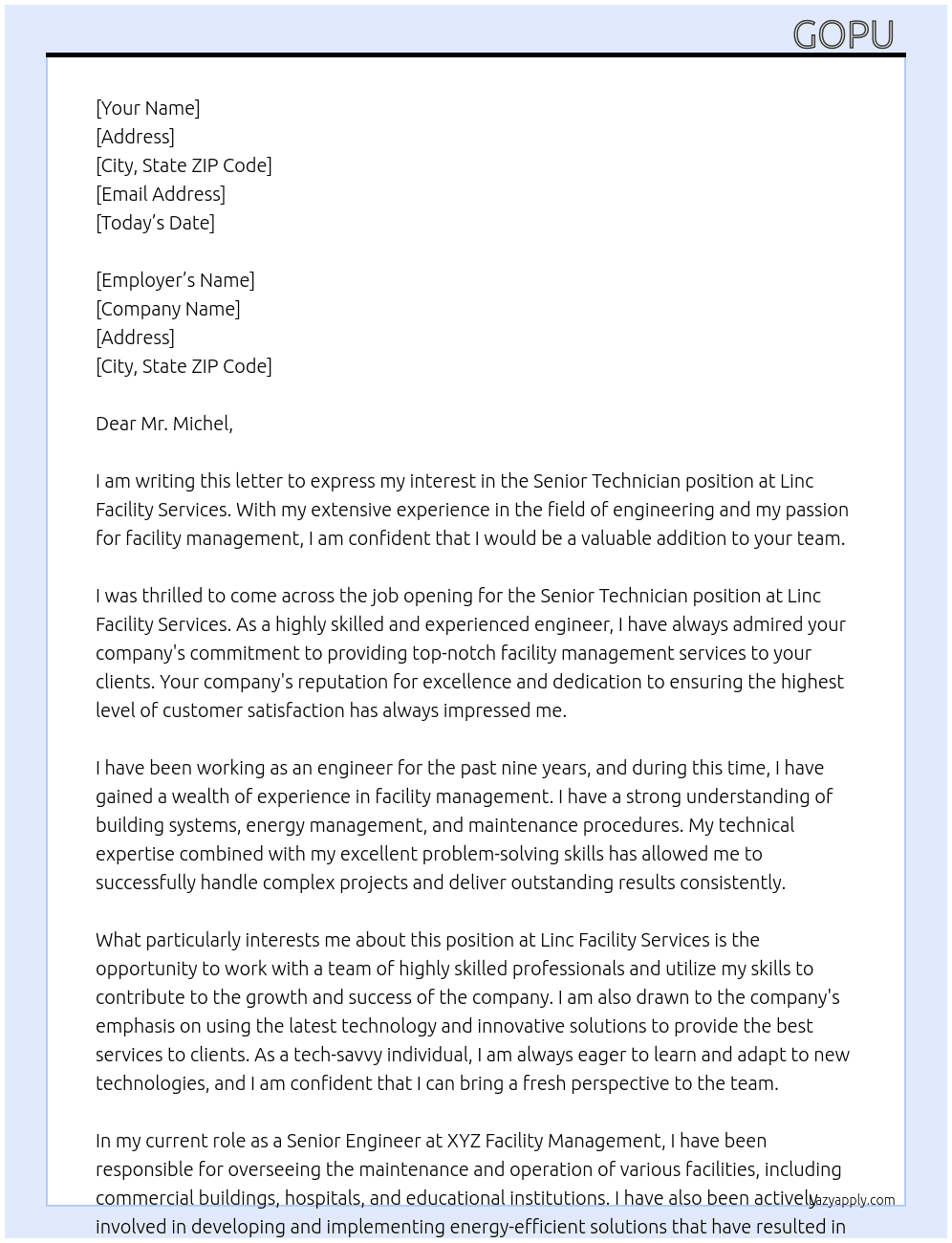 Senior technician  At Linc facility services  Cover Letter