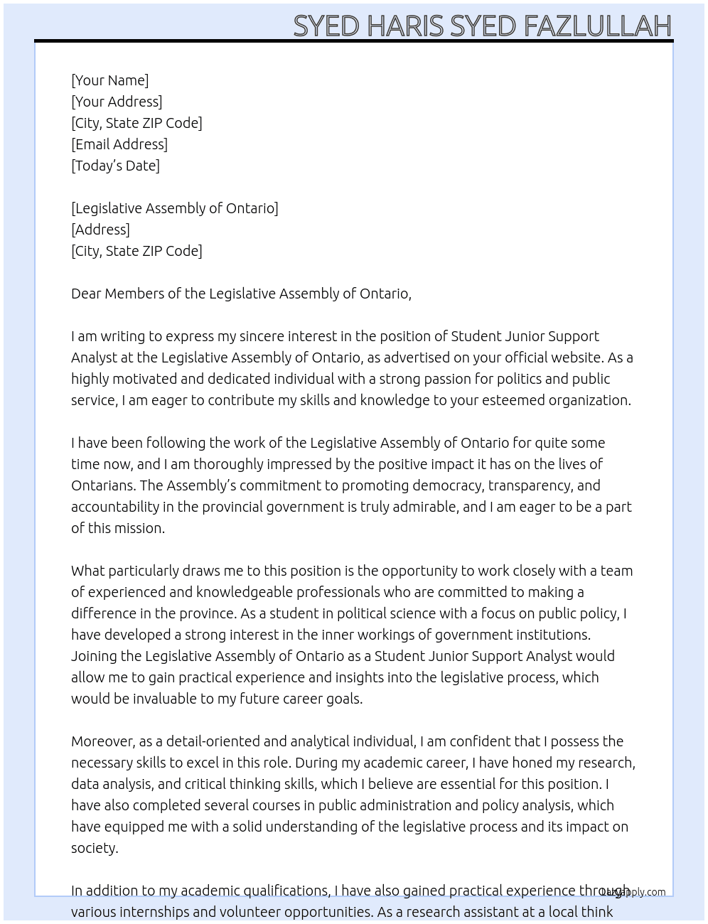 Student Junior Support Analyst At Legislative Assembly of Ontario Cover Letter