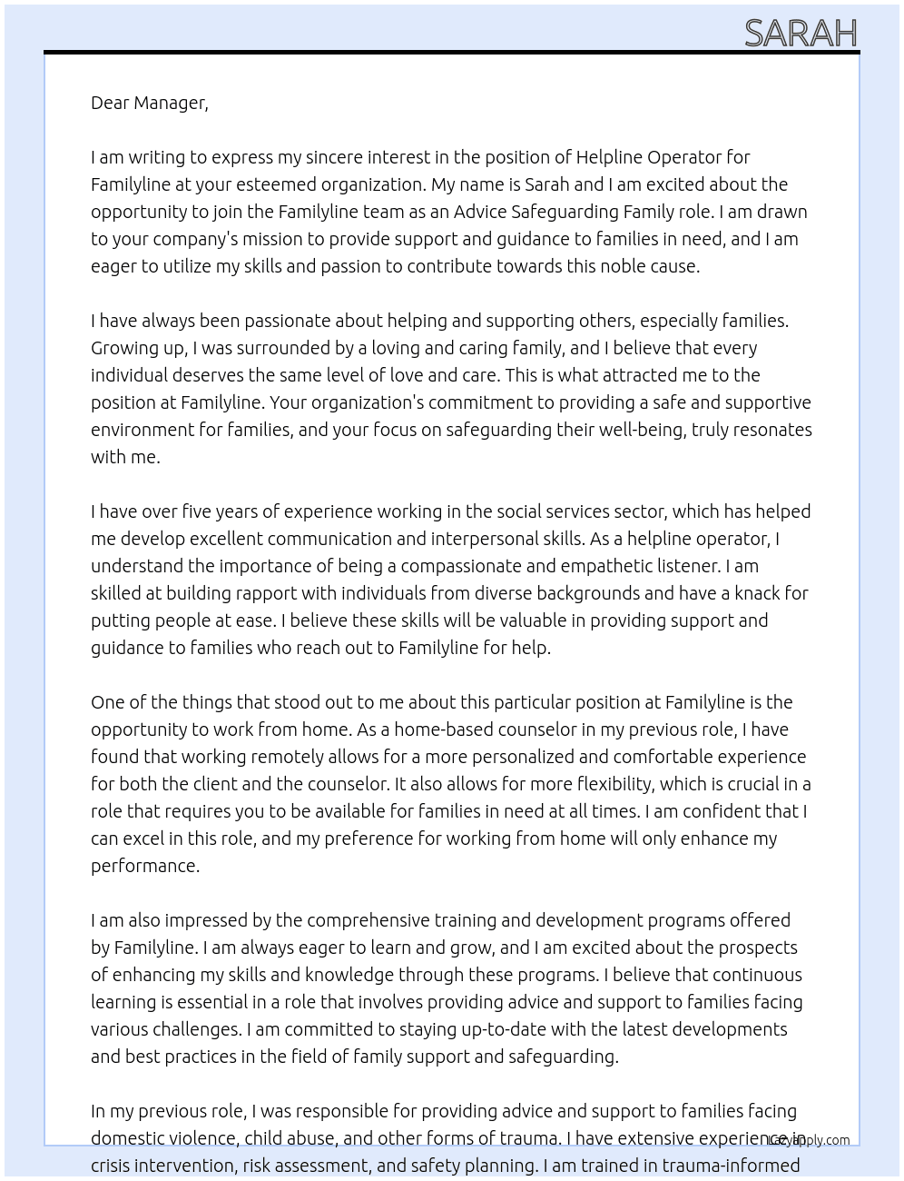Helpline operator for familyline At Familyline Cover Letter