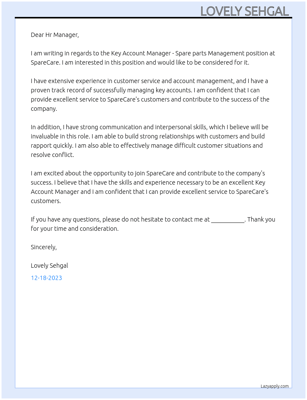 Key Account Manager - Spare parts Management  At SpareCare Cover Letter