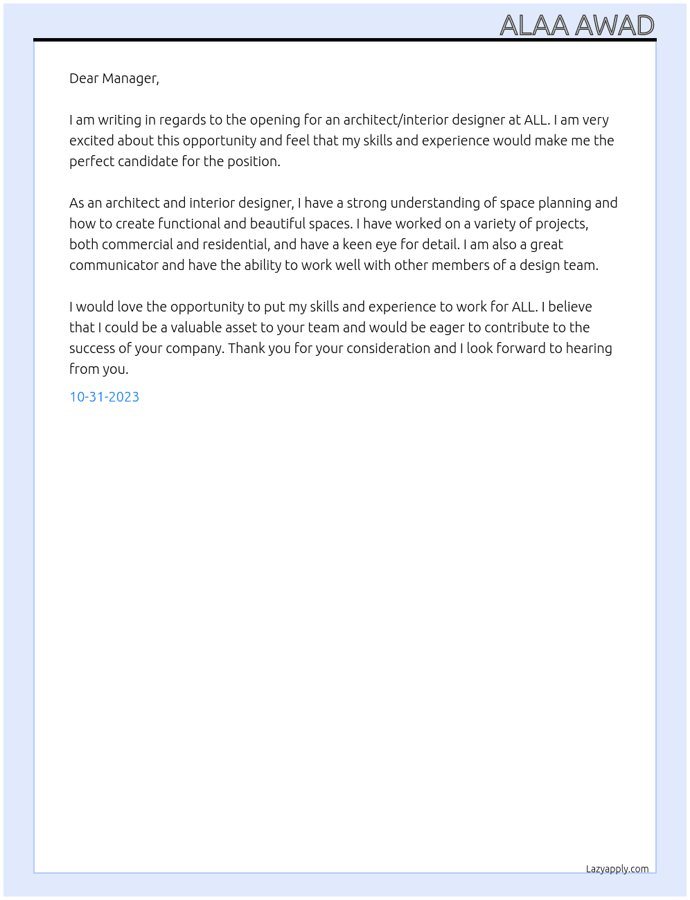 Cover letter for architect interior designe - LazyApply