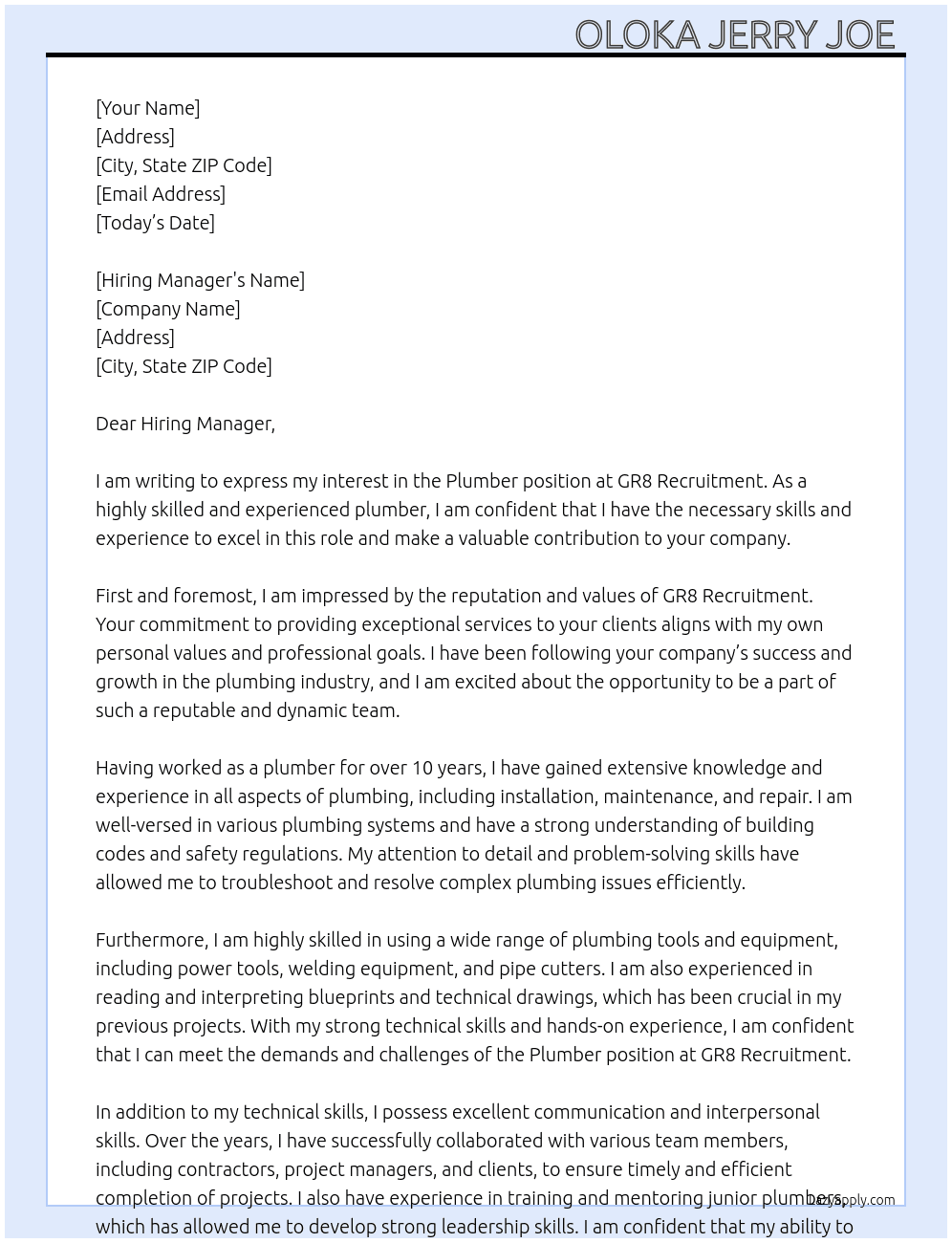 Plumber At GR8 Recruitment Cover Letter