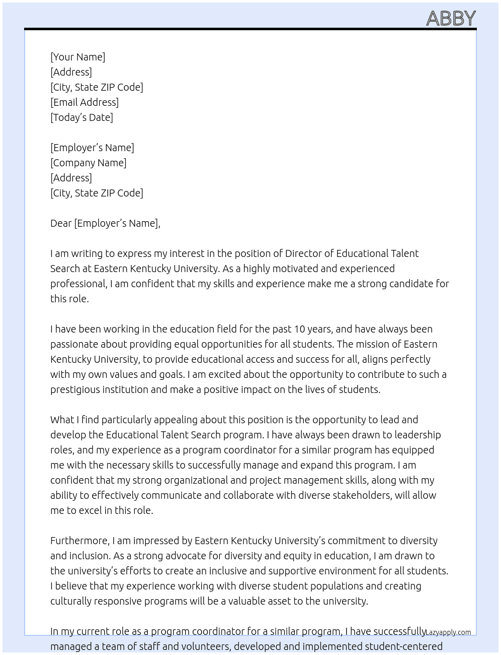 Director of educational talent search At Eastern Kentucky university Cover Letter