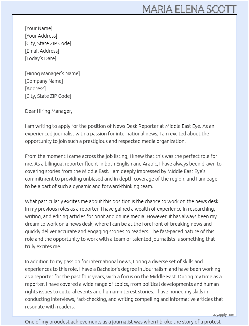 news desk reporter At Middle East Eye Cover Letter