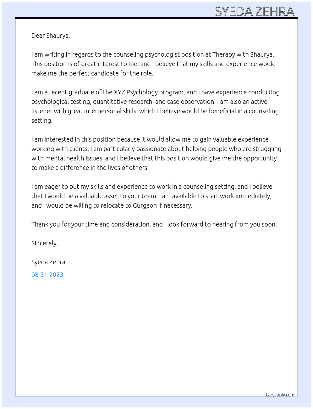 Counseling psychologist  At Therapy with Shaurya  Cover Letter