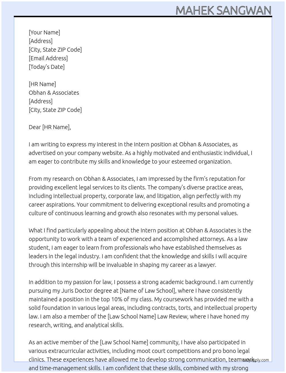 Intern At Obhan & Associates Cover Letter