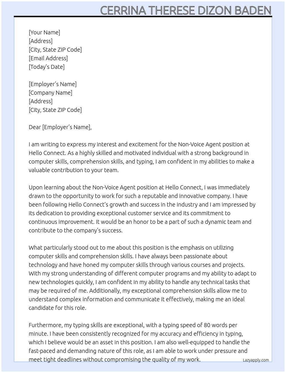 Non voice agent At Hello connect Cover Letter