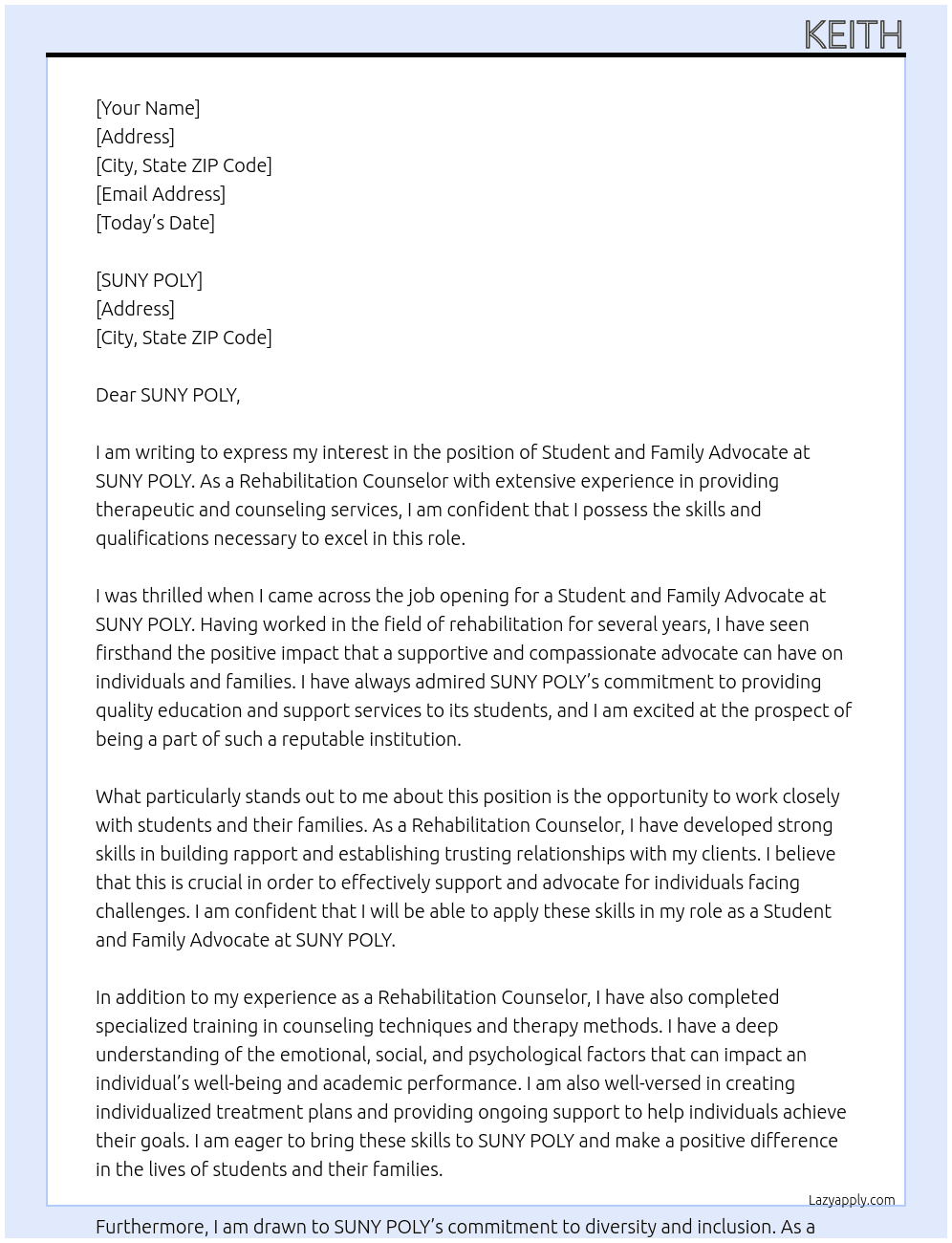 Student and Family Advocate At SUNY POLY Cover Letter