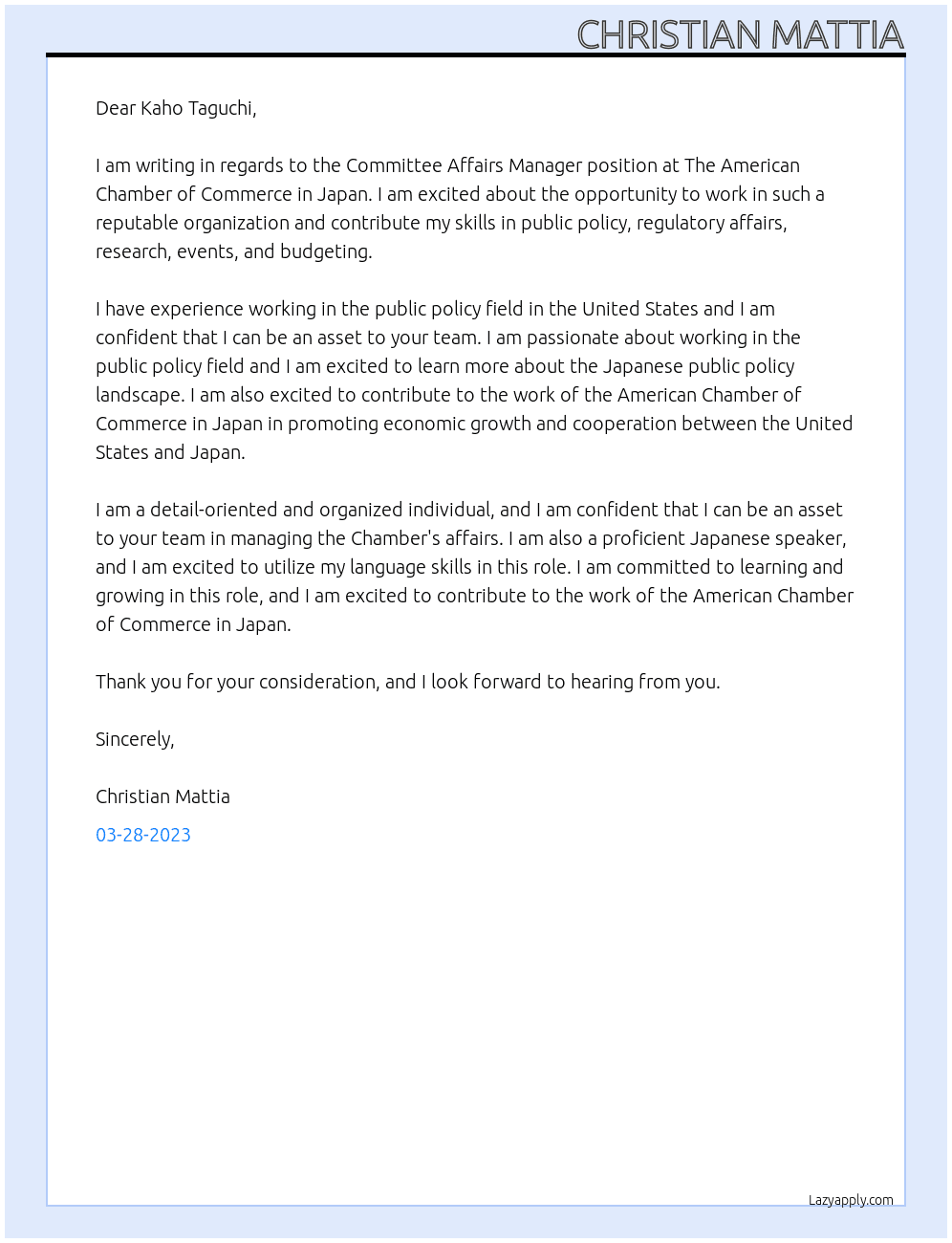 Committee Affairs Manager At The American Chamber of Commerce in Japan Cover Letter