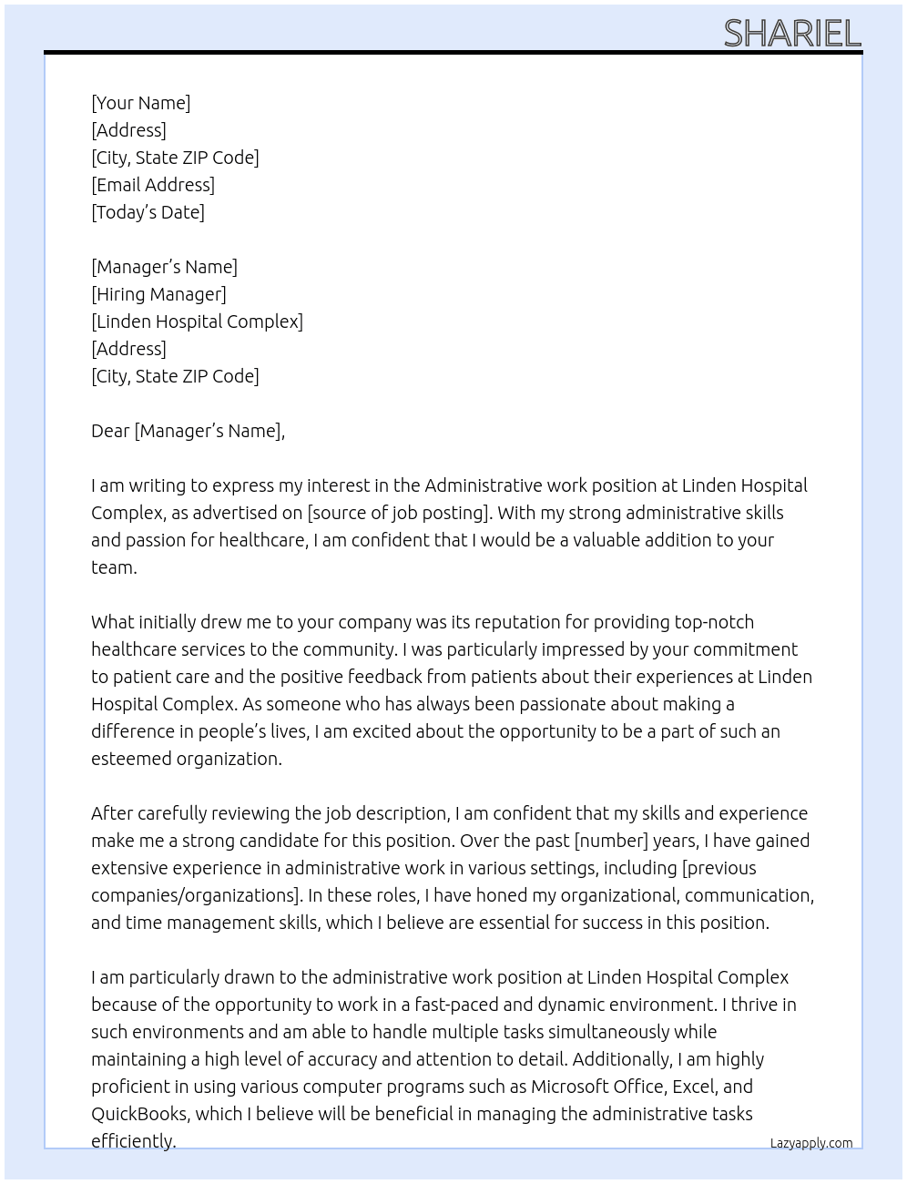 Administrative work At Linden hospital complex  Cover Letter
